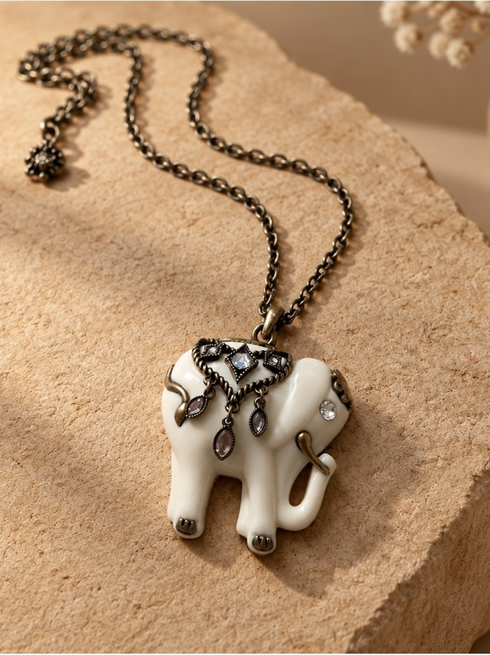Avon White Elephant Pendant Necklace with Antique-Gold Accents